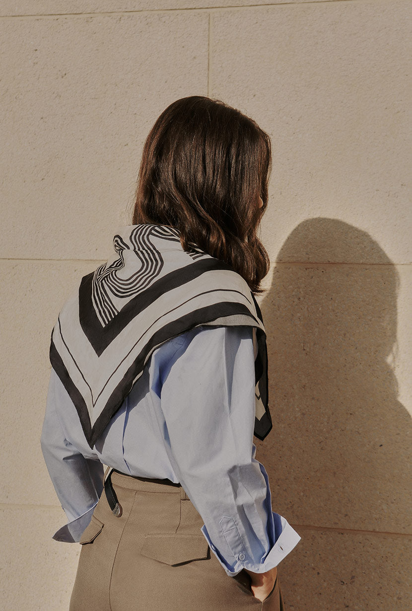 Petite Studio's Monogram Border Print Scarf in Black and White