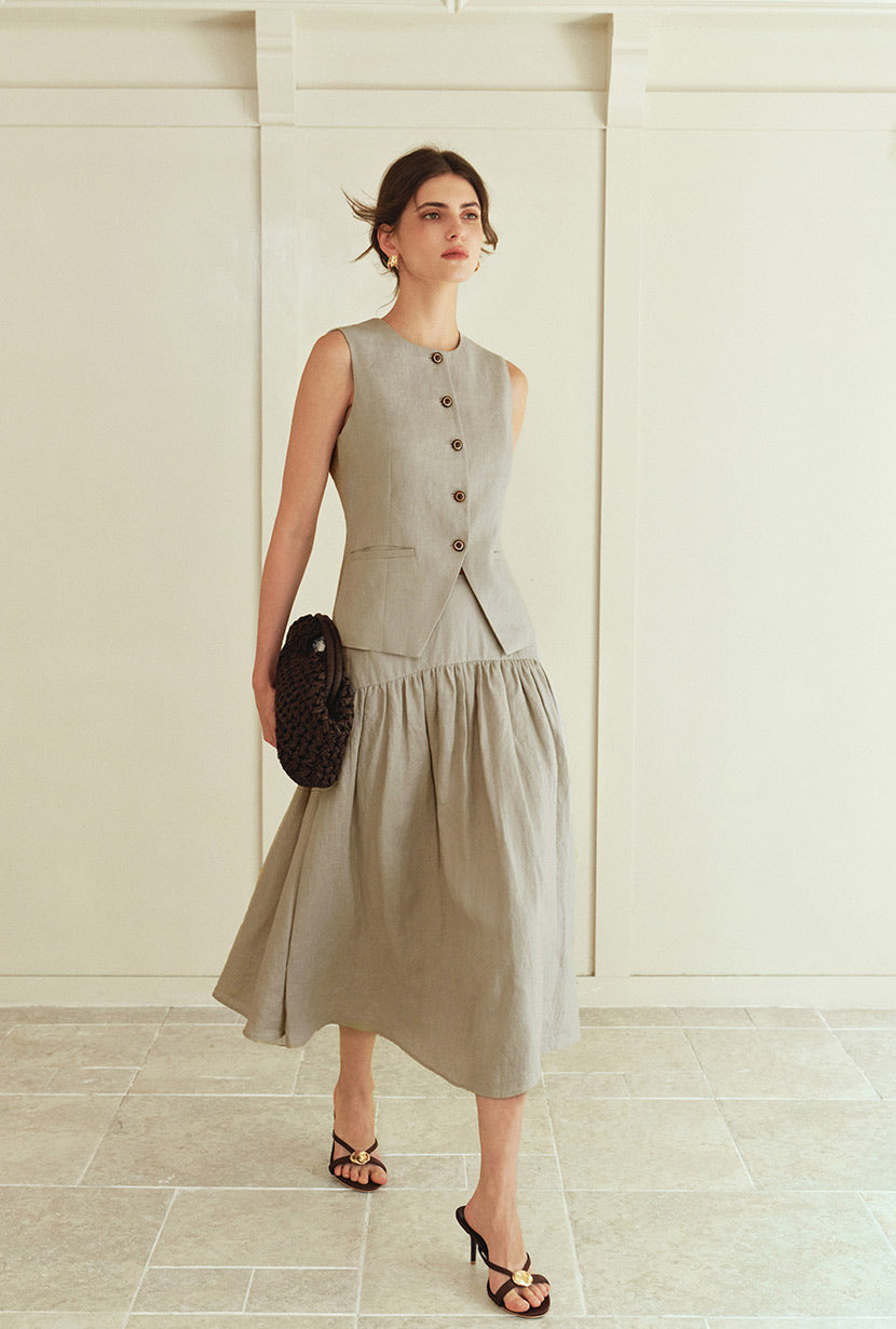 linen vest dress Petite Studio's Rozi in Sand- Petite Clothing for Women L / Beige Featuring a timeless silhouette Size:XS (32-33 sleeve length) Heel_High Heel White Jacquard Round Neck