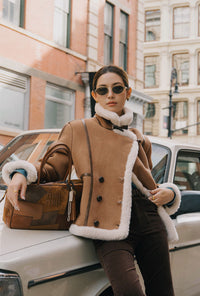 Petite Studio's Callen Suede and Fur Faux Shearling Coat in Tawny