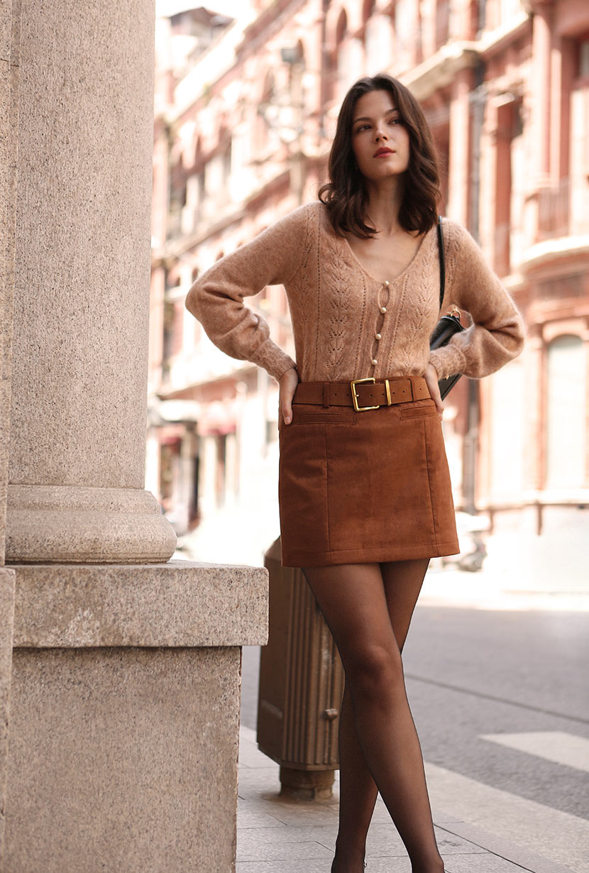 Petite Studio's Ashton Mini Suede Skirt in Caramel - Petite