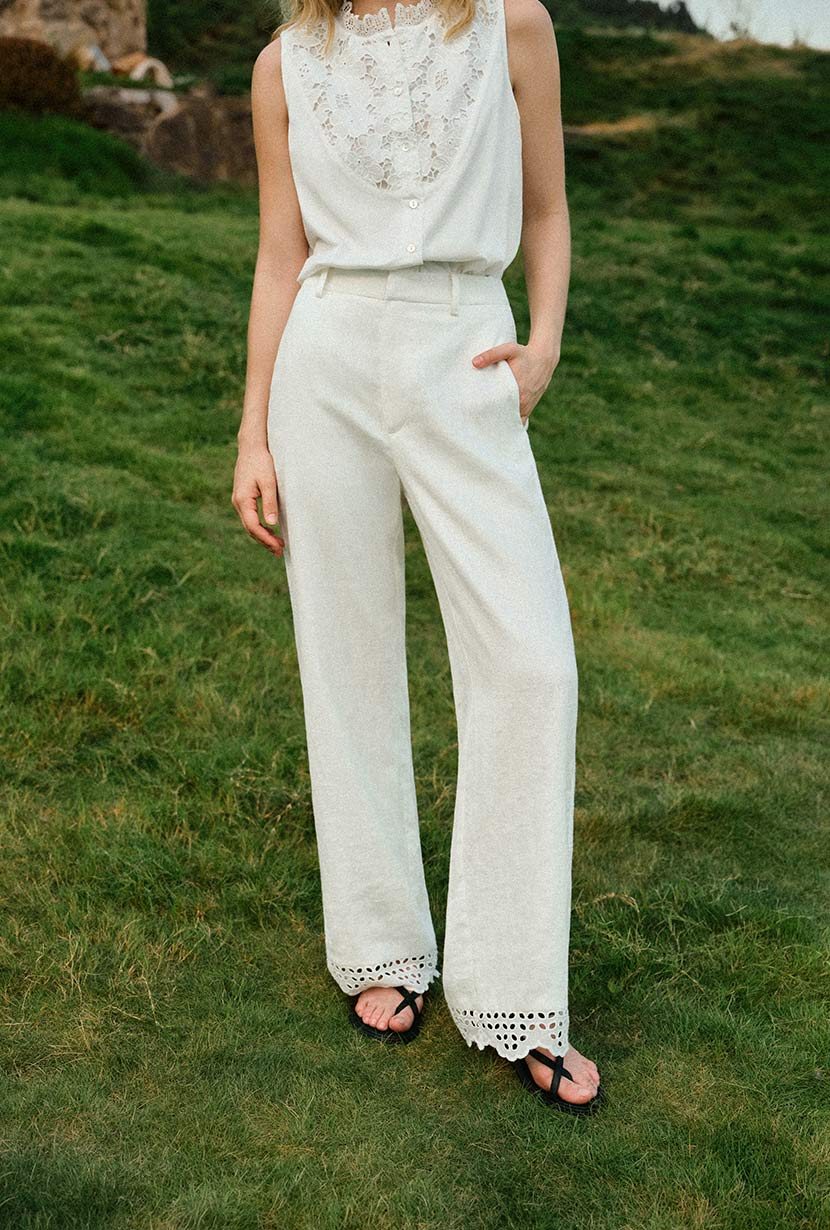 Petite Studio's Dasha Eyelet Linen Pants in White