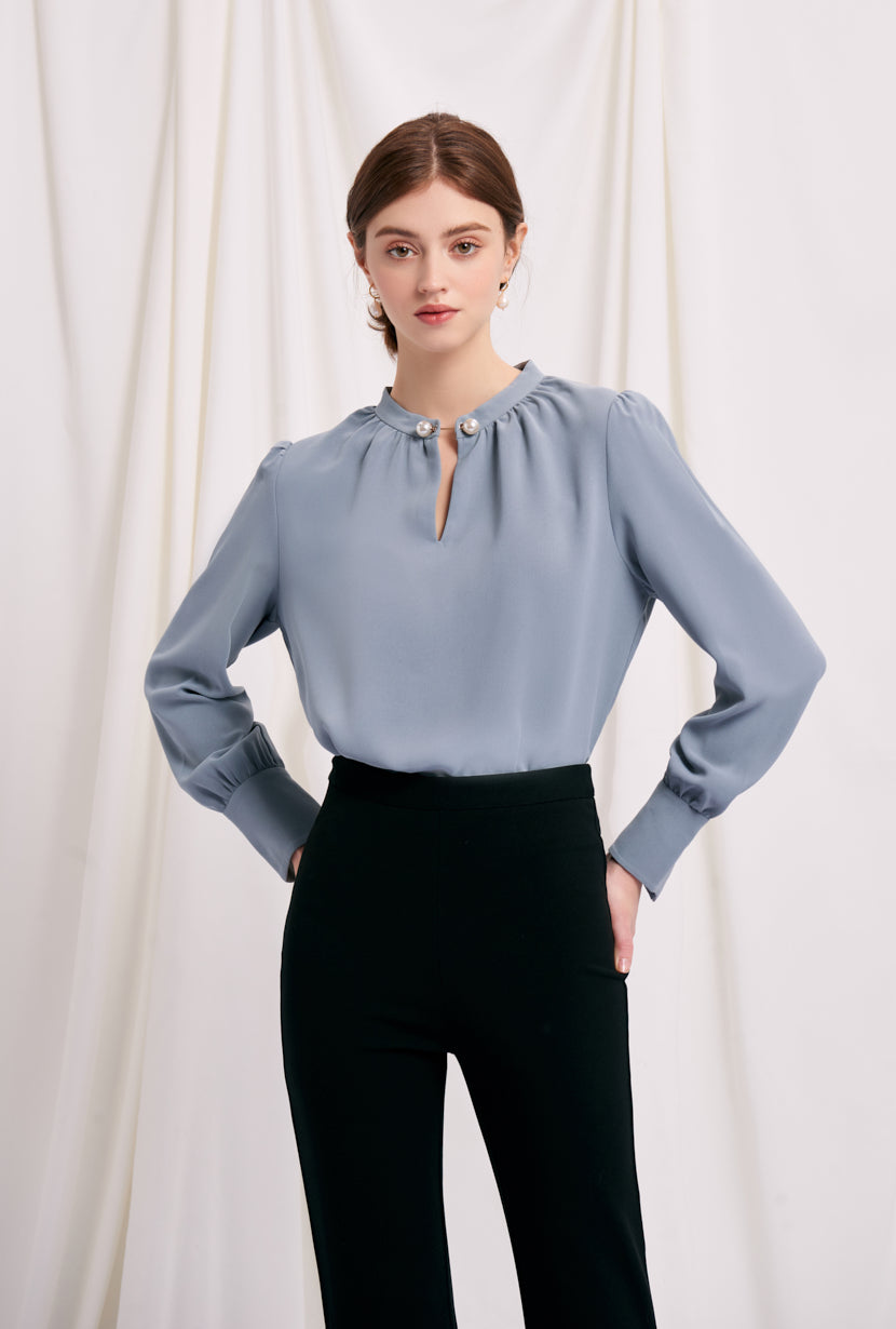 Petite Studio's Office-Appropriate Buvette Pearl Blouse in Dusty Blue