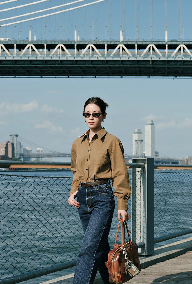 Petite Studio's Brenda Cotton Blend Shirt in Olive Brown