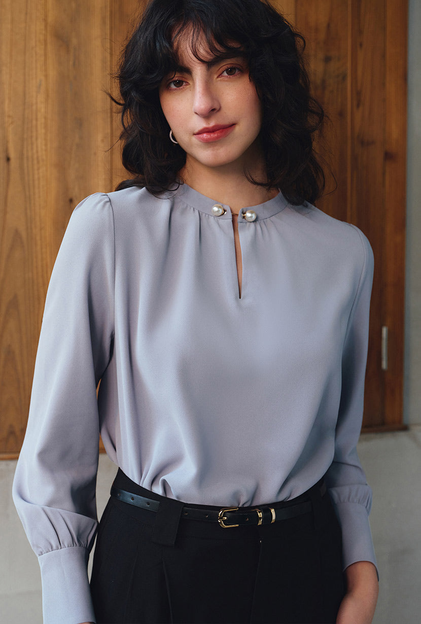 Petite Studio's Buvette Pearl Blouse in Dusty Blue - Petite