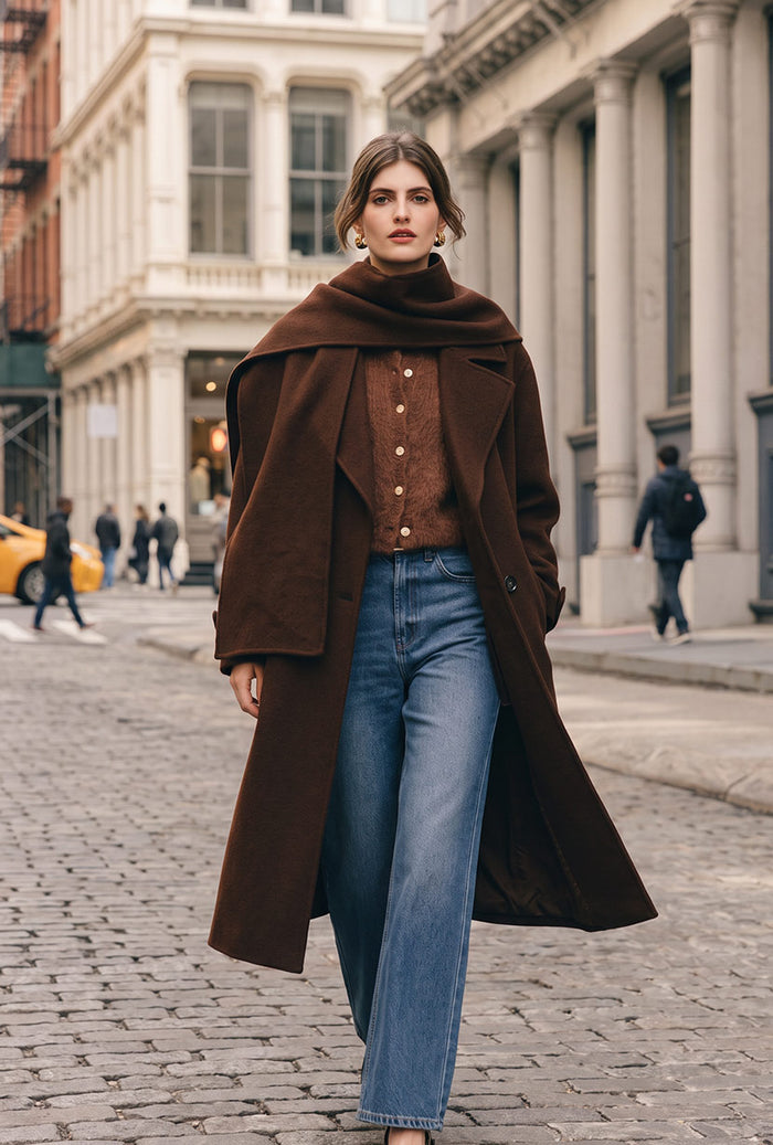 Petite Studio's Carina Wool Scarf Coat in Chocolate