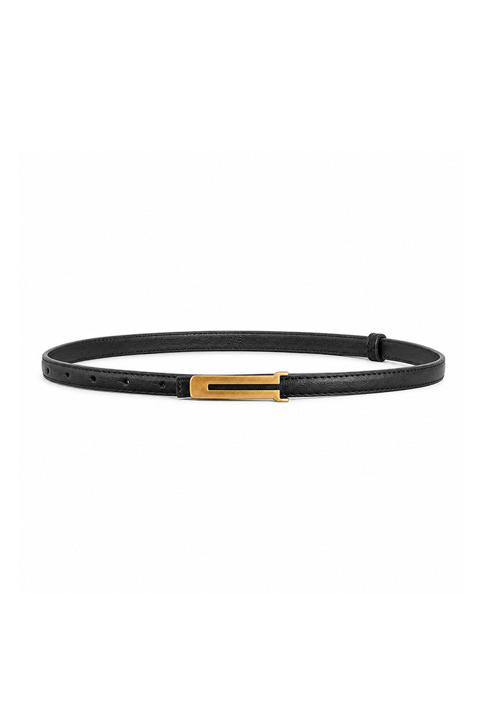 Petite Studio's Cyrillar Black and Golden Buckle Thin Leather Belt
