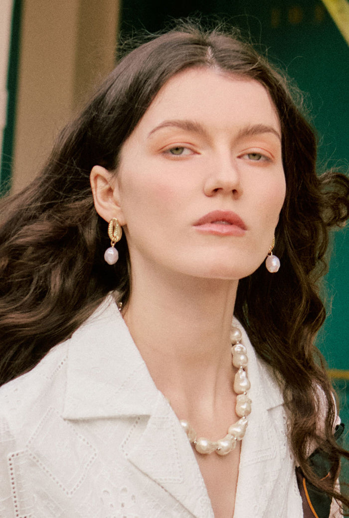 Petite Studio's Gold Cowrie and Drop Pearl Earrings