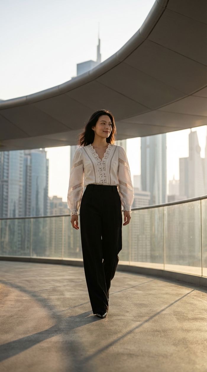 Stylish urban professional woman walking in Dubai wearing Petite Studio pants and top