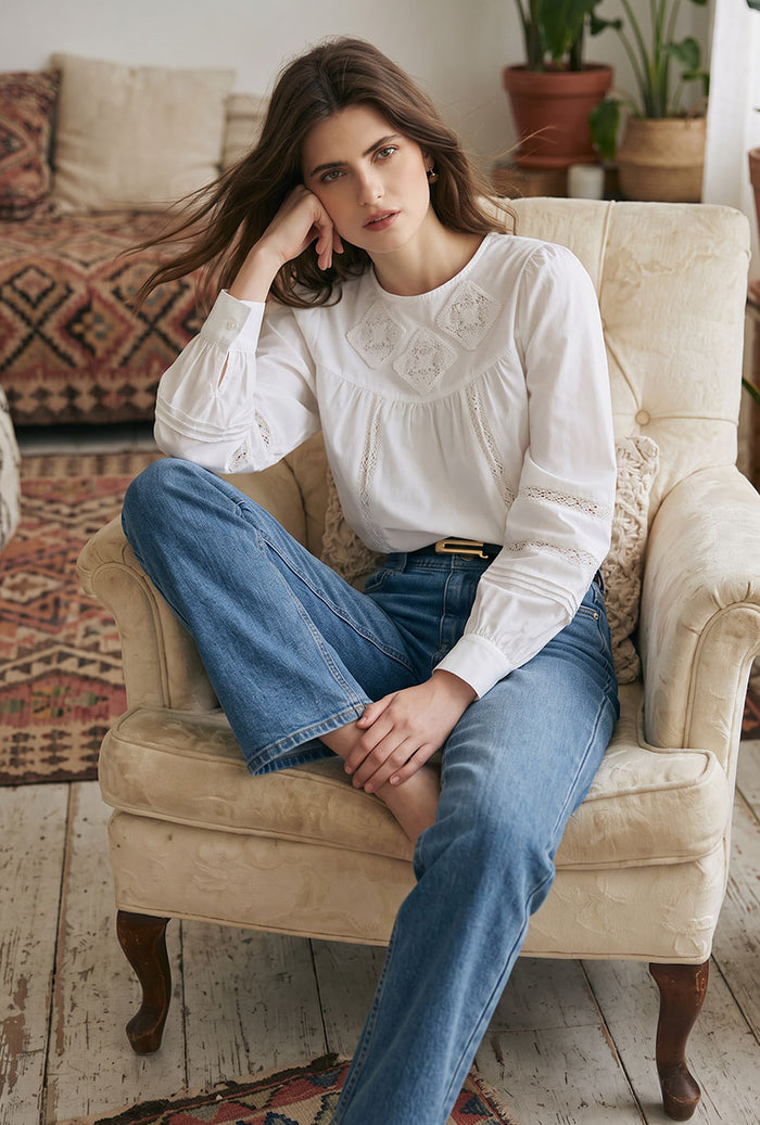 Petite Studio's Julian Appliqué Cotton Blouse in Ivory