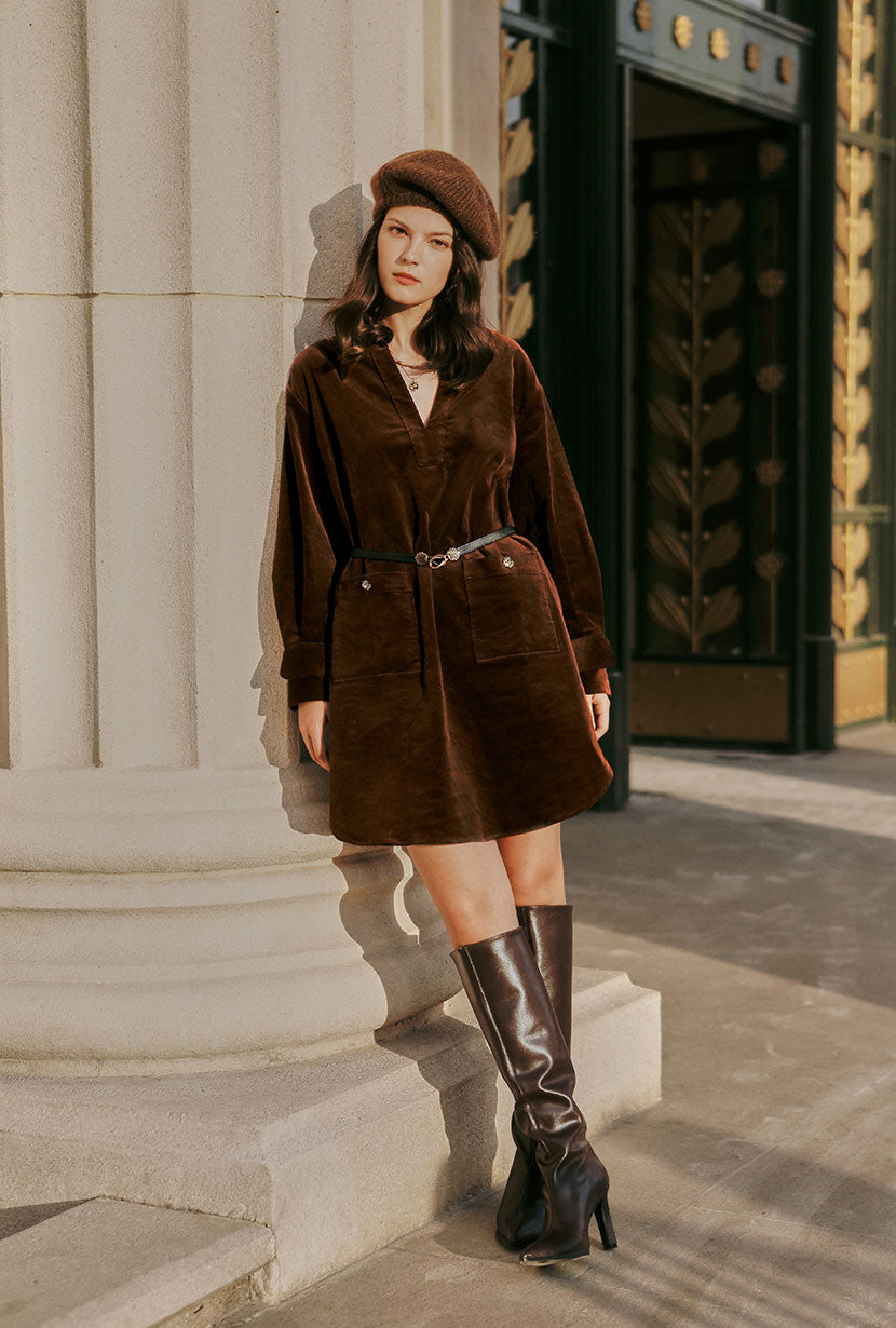 Petite Studio's Abby Corduroy Dress in Brown - Petite Clothing for