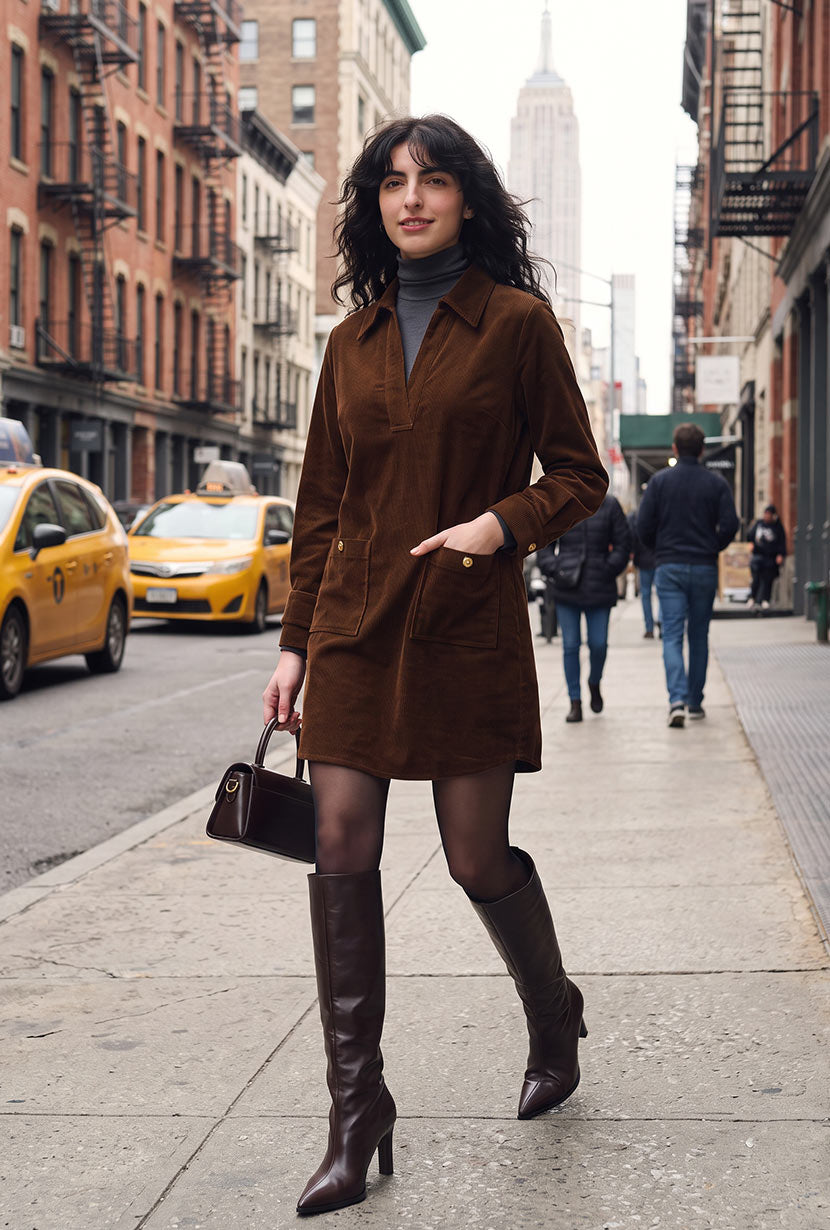Petite Studio's Abby Corduroy Dress in Brown - Petite Clothing for