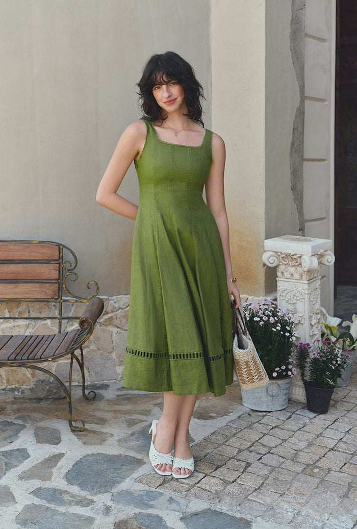 Petite Studio's Fenton Panel Linen Dress in Green