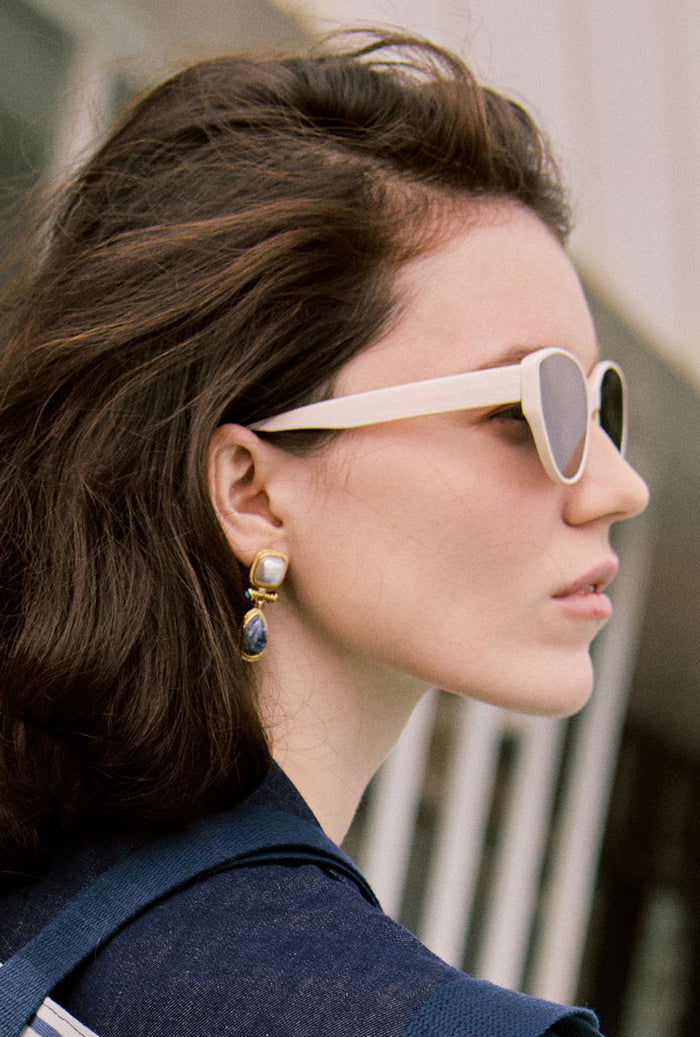 Petite Studio's Pearl and Blue Chalcedony Drop Earrings