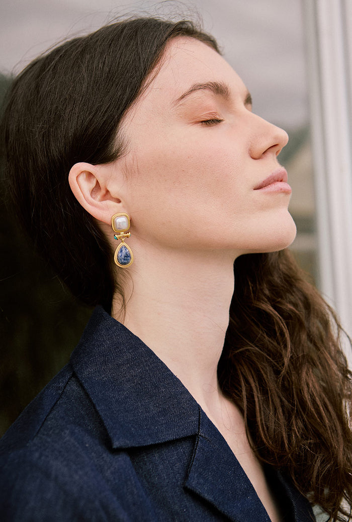 Petite Studio's Pearl and Blue Chalcedony Drop Earrings