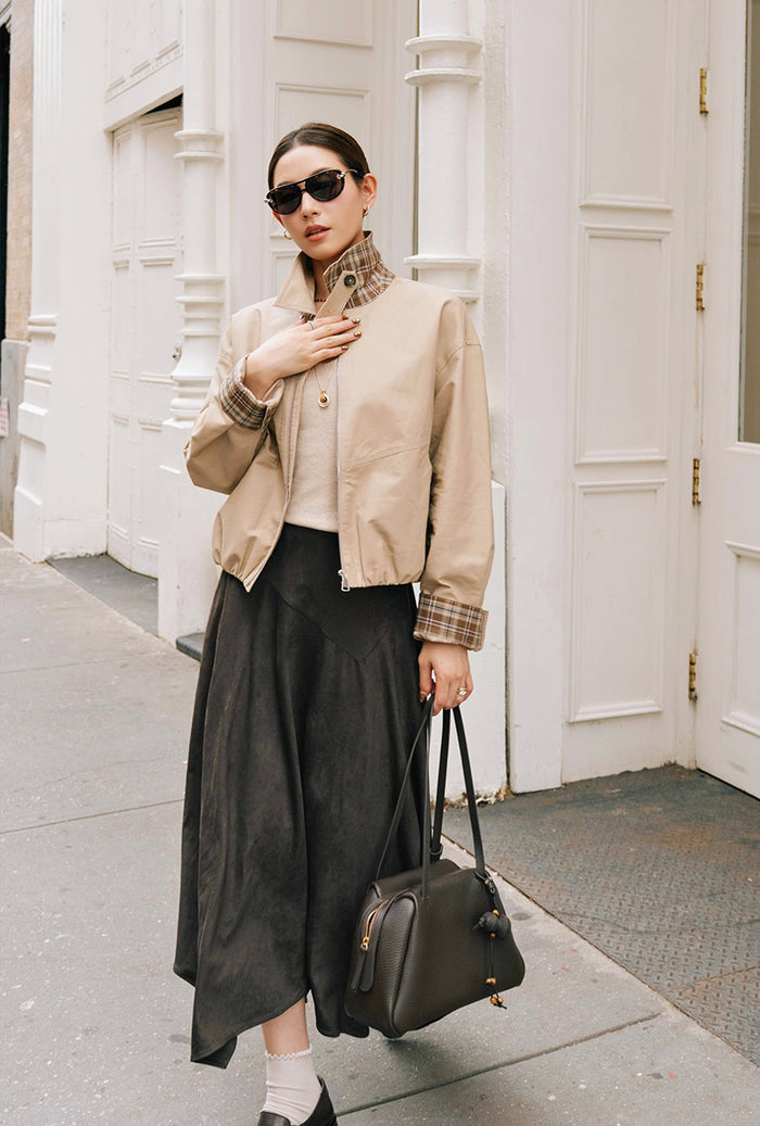 Petite Studio's Anora Cropped Bomber Cotton Jacket in Camel