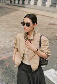 Petite Studio's Anora Cropped Bomber Cotton Jacket in Camel