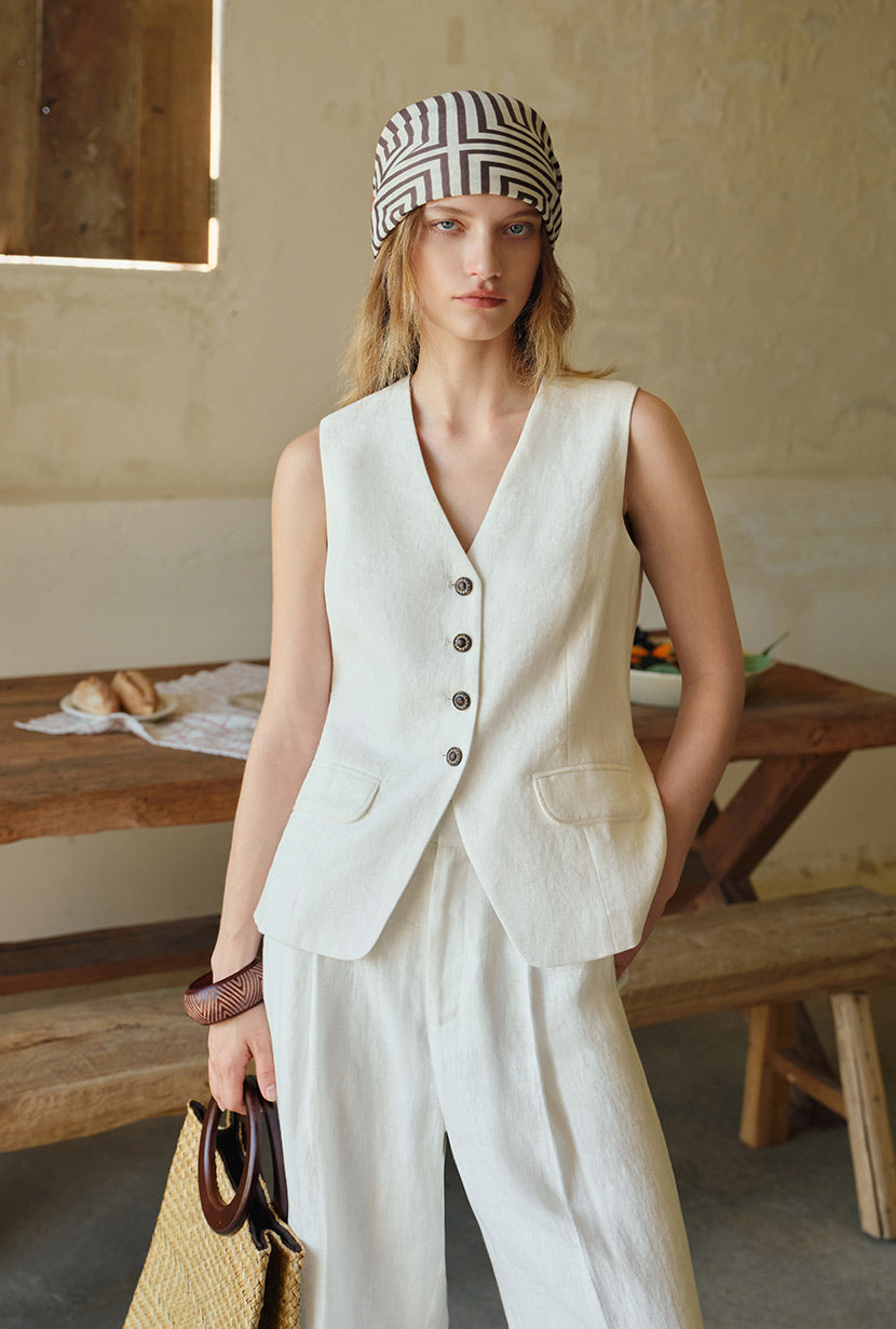 Petite Studio's Darien Linen Vest in Ivory 