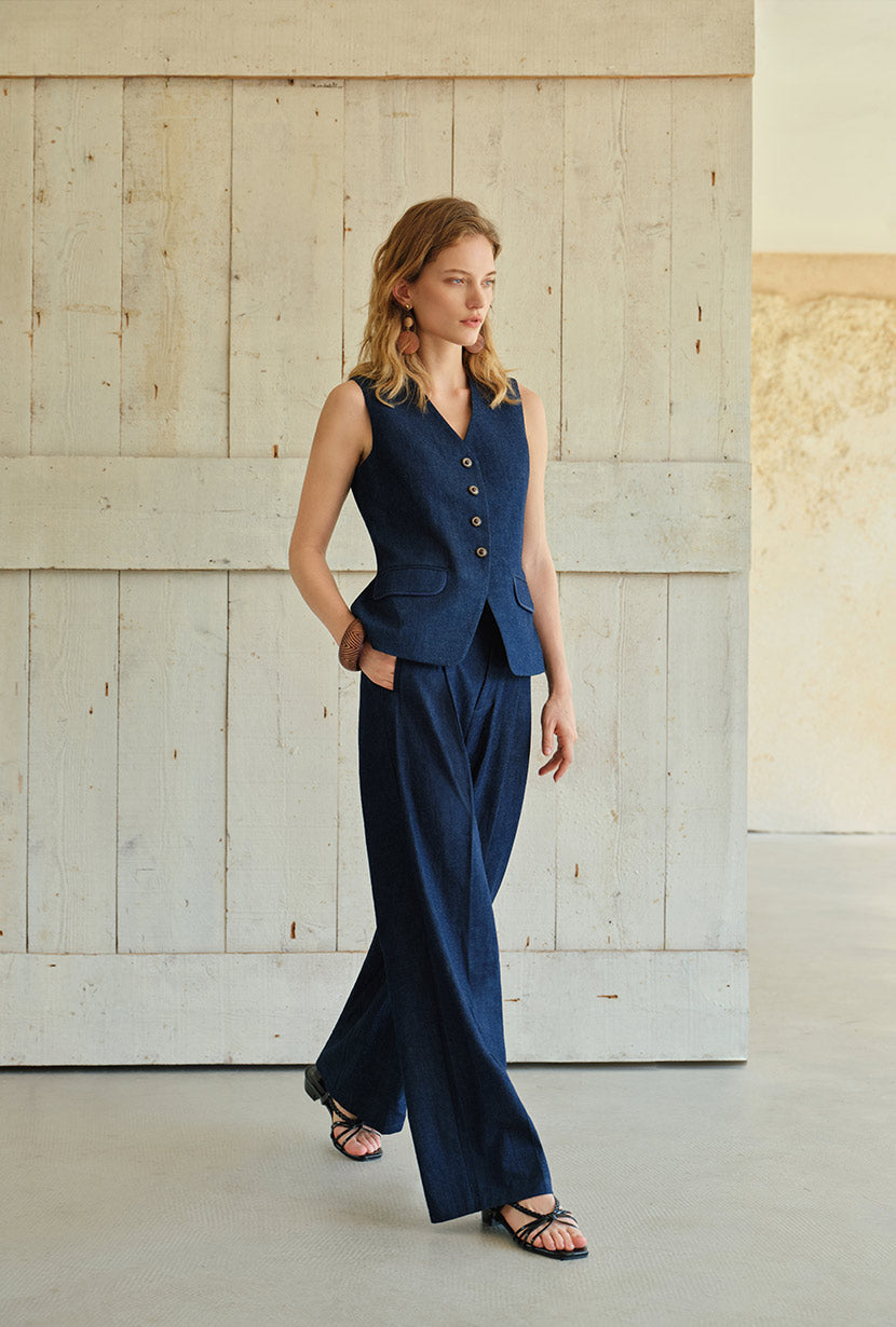Petite Studio's Darien Cotton Vest in Indigo - Petite Clothing for