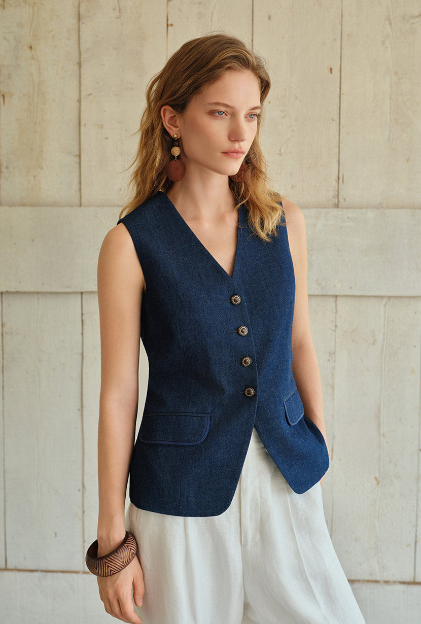 Petite Studio's Darien Cotton Vest in Indigo - Petite Clothing for