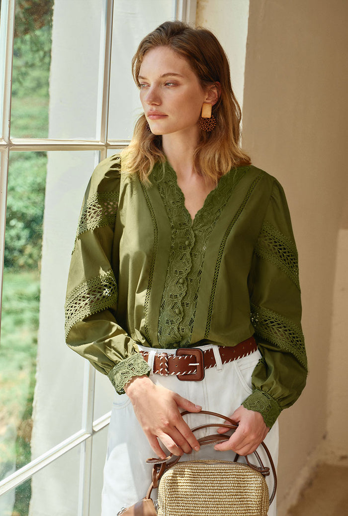 Petite Studio's Drew Cotton Blouse in Green 