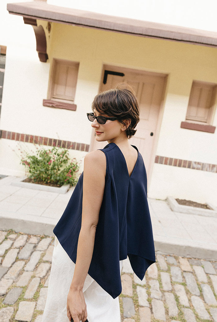 Petite Studio's Didi Cowl Neck Flared Top in Navy