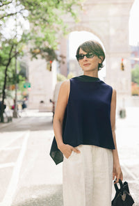 Petite Studio's Didi Cowl Neck Flared Top in Navy