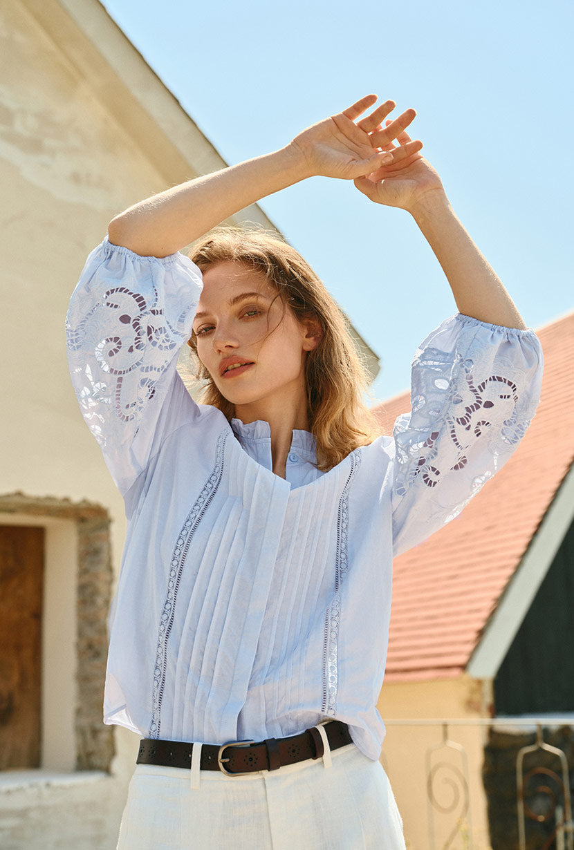 Petite Studio's Chandler Cotton Blouse in Sky - Petite Clothing