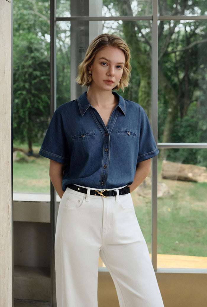 Petite Studio's Eris Cotton Shirt in Denim Blue