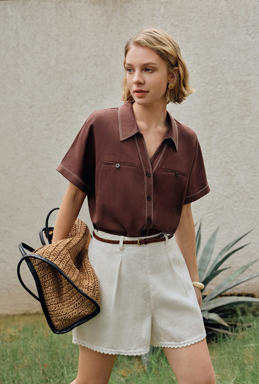 linen shirt dress petite Maxi Linen Shirt Dress: Short Sleeve Notch Neck Collar SHALLY