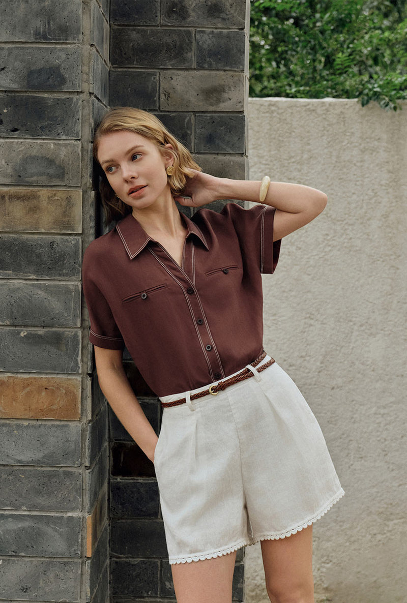 brown linen dress shirt A modern uniform for warm days. The brown linen shirt and matching trousers strike the perfect balance between relaxed tailoring and timeless minimalismdesigned for those who favor quiet confidence over loud statements