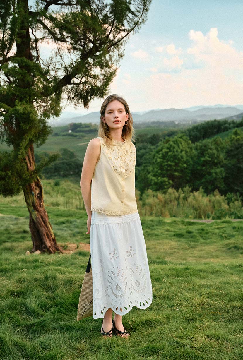 Petite Studio's Coraline Cotton Lace Top in Butter Yellow