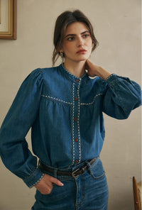 Petite Studio's Benj Embroidered Denim Blouse in Blue
