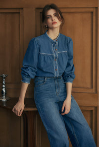Petite Studio's Benj Embroidered Denim Blouse in Blue
