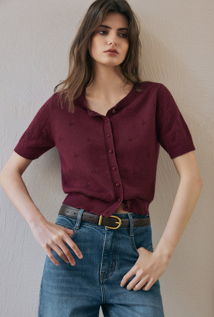 Petite Studio's Basti Reversible Merino Wool Cardigan in Burgundy 