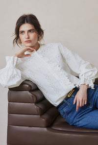 Petite Studio's Calen Embroidered Ruffled Cotton Blouse in Ivory
