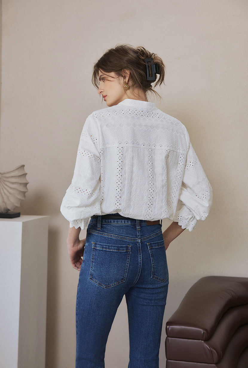 Petite Studio's Calen Embroidered Ruffled Cotton Blouse in Ivory