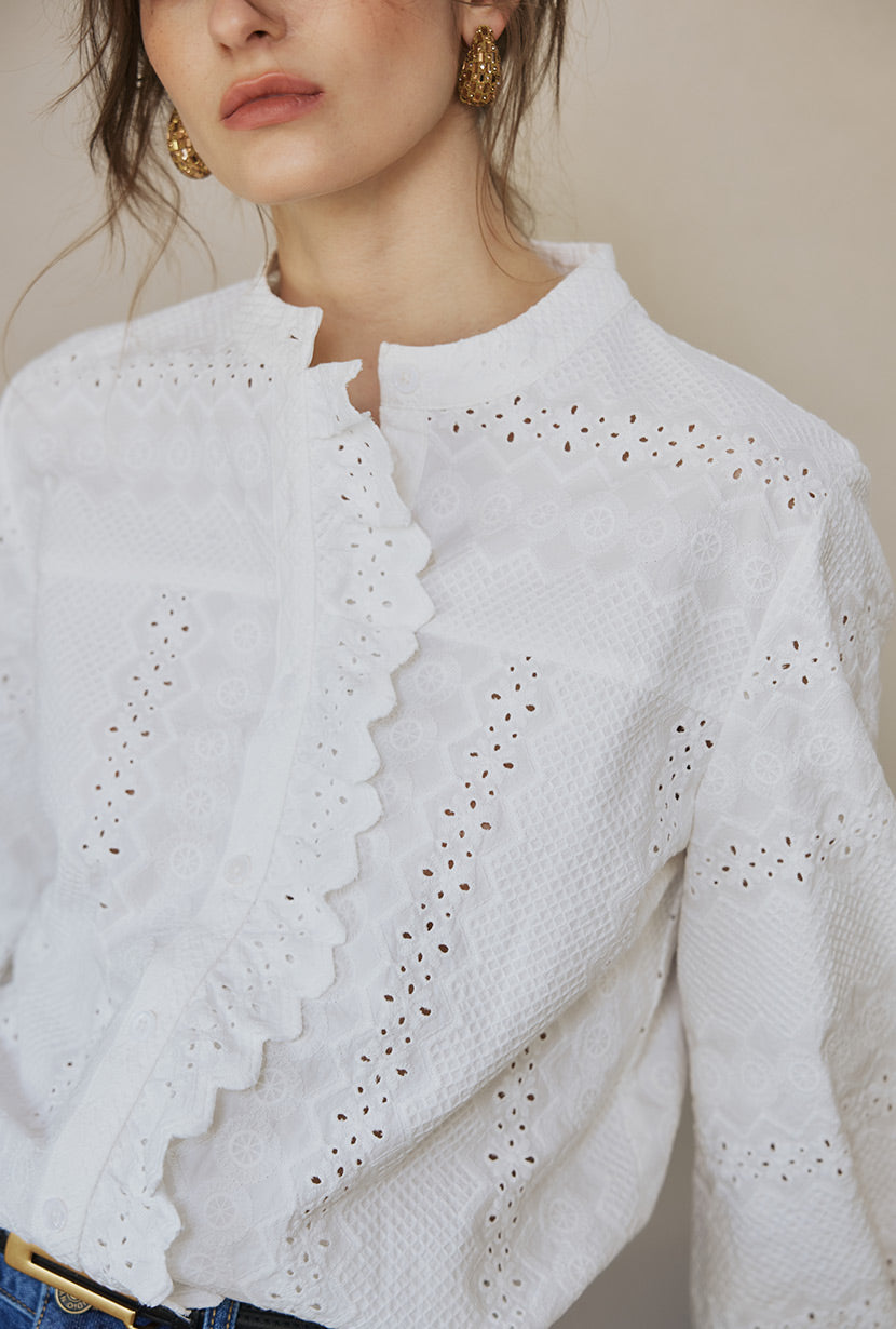 Petite Studio's Calen Embroidered Ruffled Cotton Blouse in Ivory