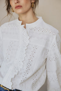 Petite Studio's Calen Embroidered Ruffled Cotton Blouse in Ivory