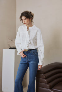 Petite Studio's Calen Embroidered Ruffled Cotton Blouse in Ivory