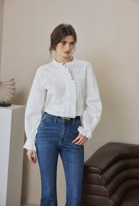 Petite Studio's Calen Embroidered Ruffled Cotton Blouse in Ivory