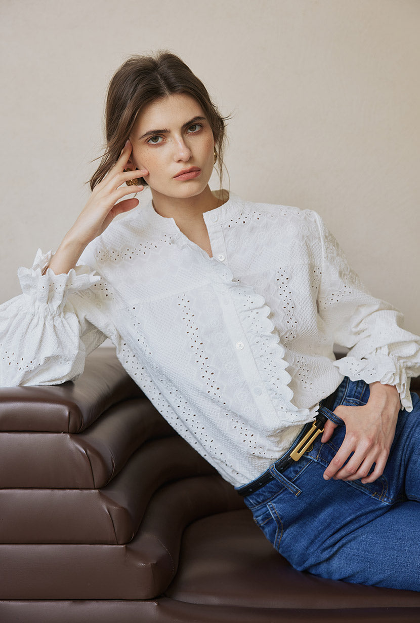 Petite Studio's Calen Embroidered Ruffled Cotton Blouse in Ivory