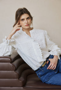 Petite Studio's Calen Embroidered Ruffled Cotton Blouse in Ivory