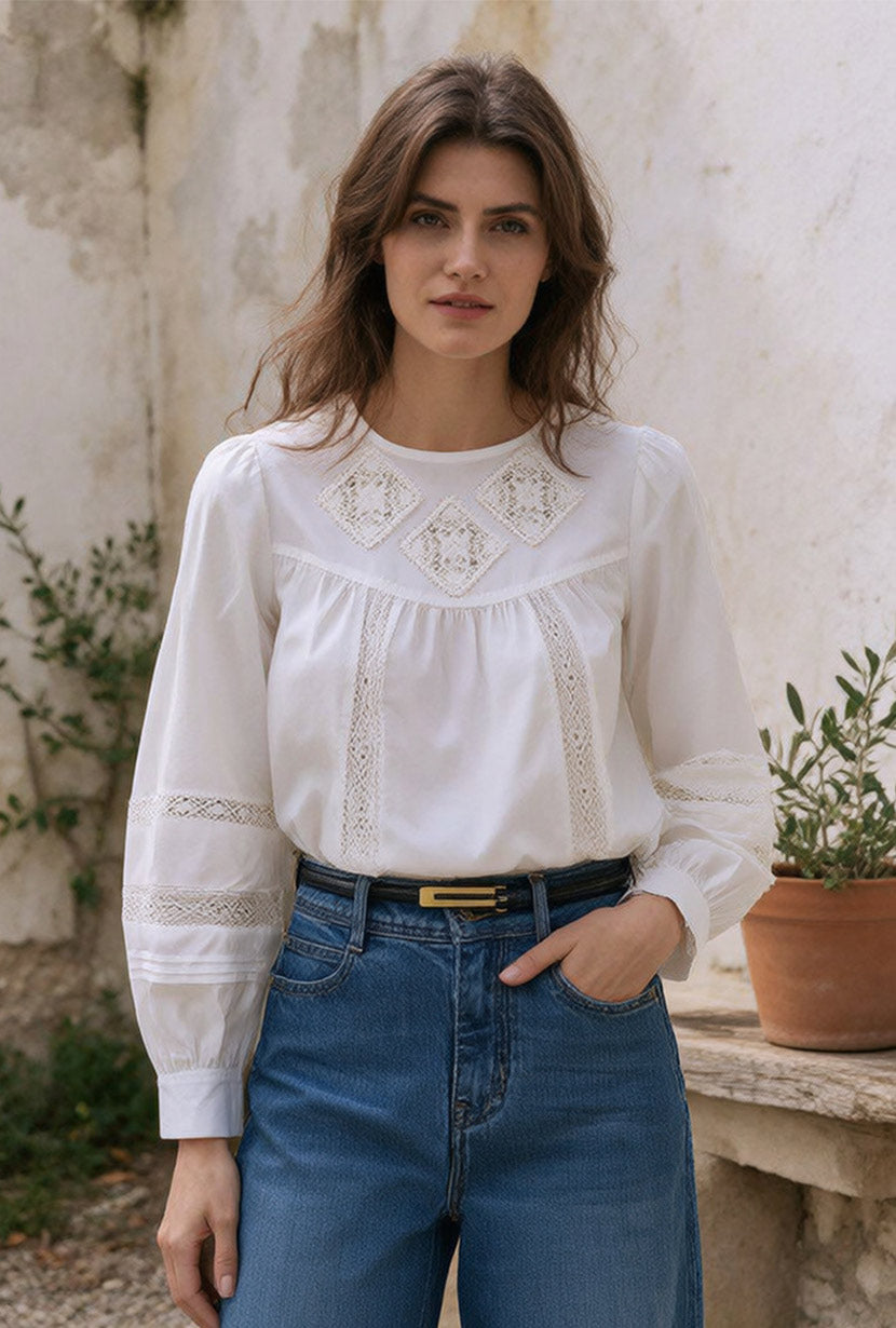 Petite Studio's Julian Appliqué Cotton Blouse in Ivory
