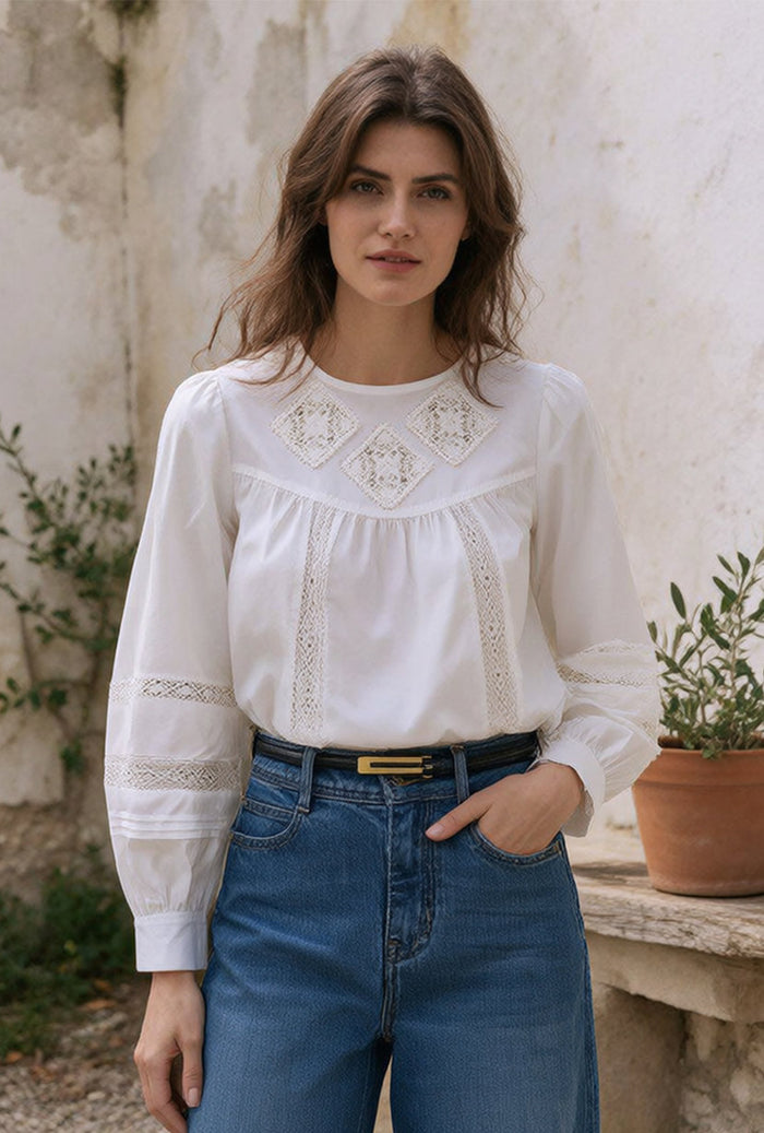 Petite Studio's Julian Appliqué Cotton Blouse in Ivory