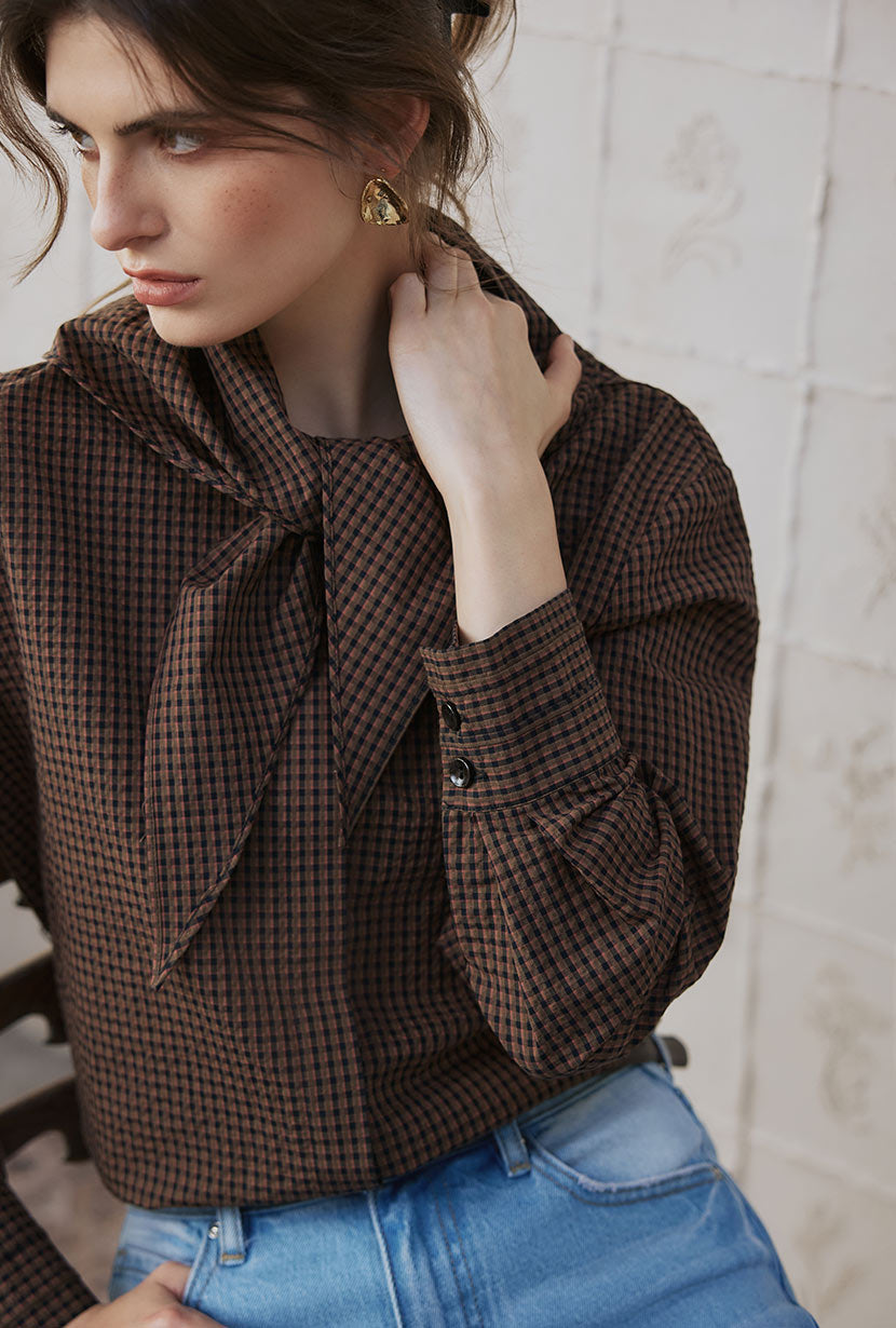 Petite Studio's Finn Cotton Scarf Shirt in Brown 