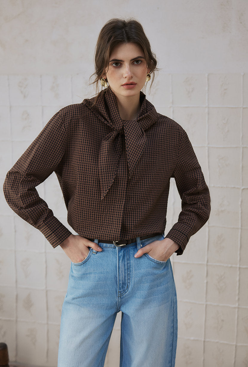 Petite Studio's Finn Cotton Scarf Shirt in Brown 