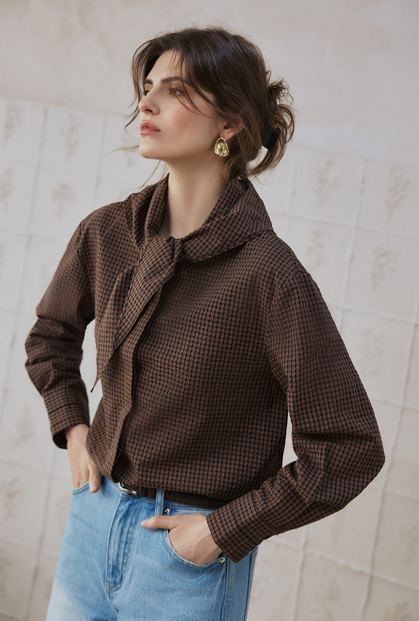 Petite Studio's Finn Cotton Scarf Shirt in Brown 