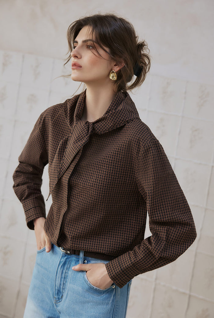 Petite Studio's Finn Cotton Scarf Shirt in Brown 
