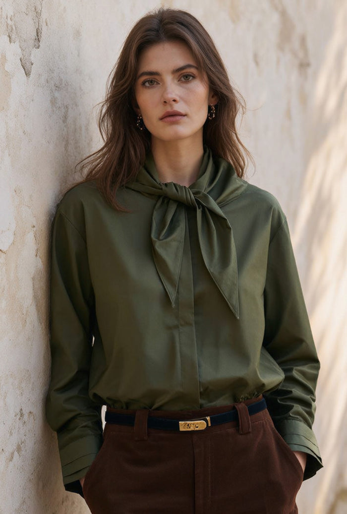 Petite Studio's Finn Cotton Scarf Shirt in Moss Green