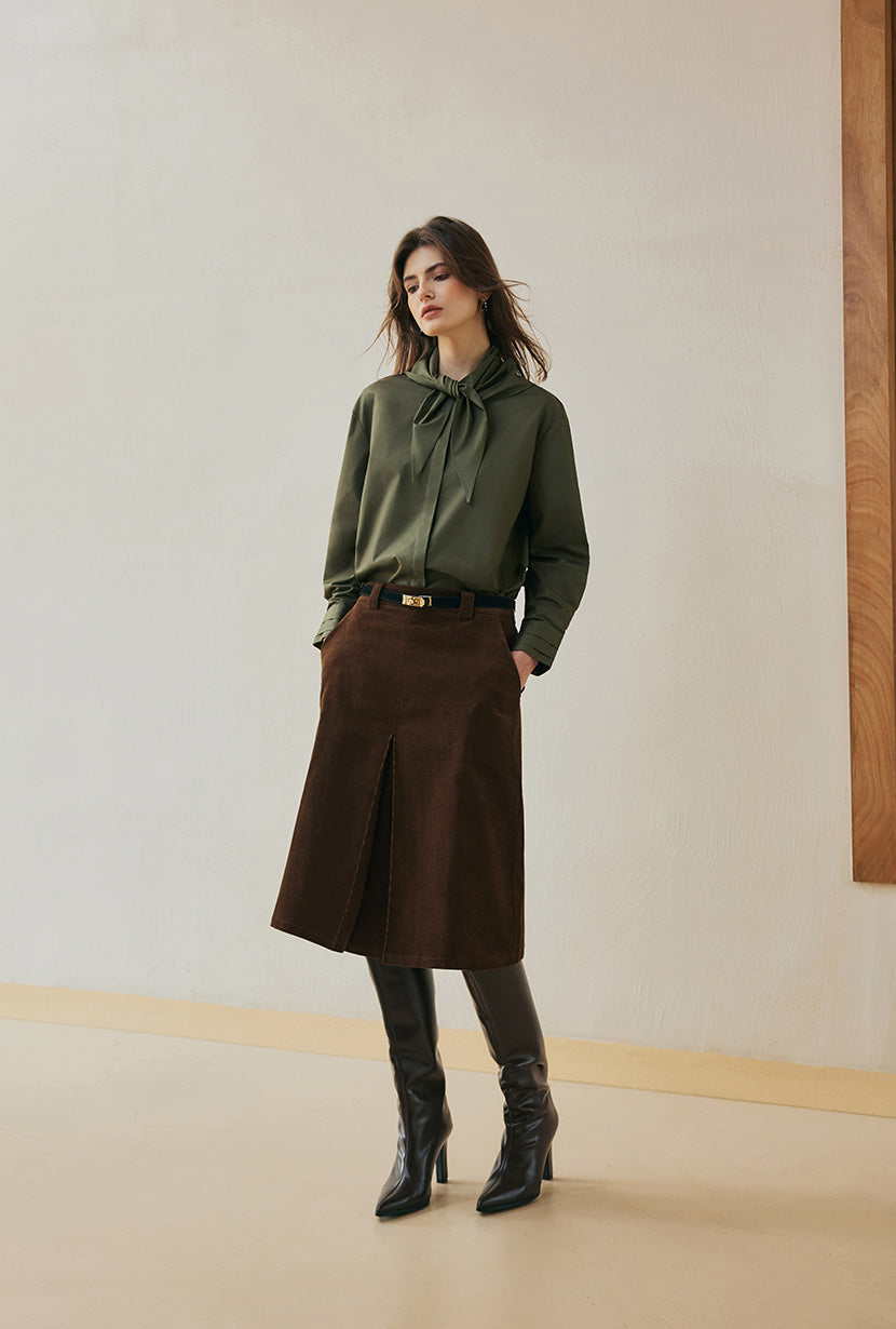 Petite Studio's Finn Cotton Scarf Shirt in Moss Green